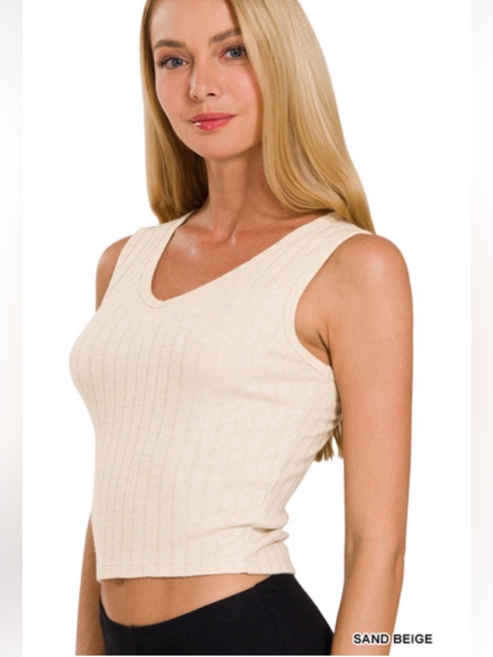 Zenana Outfitters Sand Beige Ribbed V-Neck Crop Tank